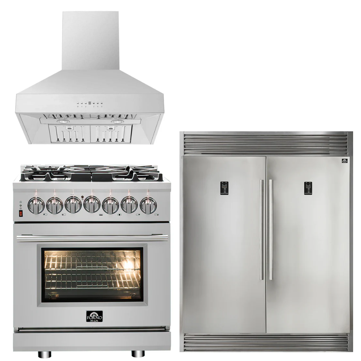 FORNO Appliance Package - 30" Dual Fuel Range, 30" Range Hood, 60" Refrigerator, AP-FFSGS6125-30-W-4