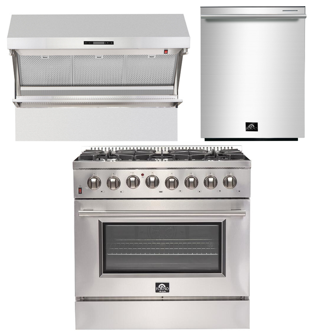 FORNO Appliance Package - 36 Inch Dual Fuel Range, Wall Mount Range Hood, Dishwasher, AP-FFSGS6156-36-2