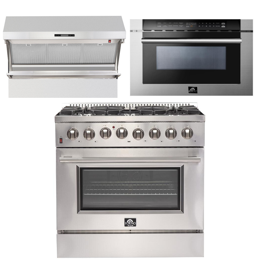FORNO Appliance Package - 36 Inch Dual Fuel Range, Wall Mount Range Hood, Dishwasher, AP-FFSGS6156-36-W-2