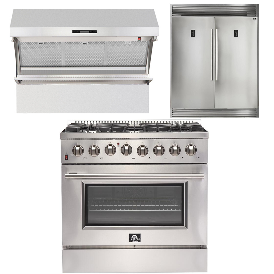FORNO Appliance Package - 36 Inch Dual Fuel Range, Wall Mount Range Hood, 60 Inch Refrigerator, AP-FFSGS6156-36-4