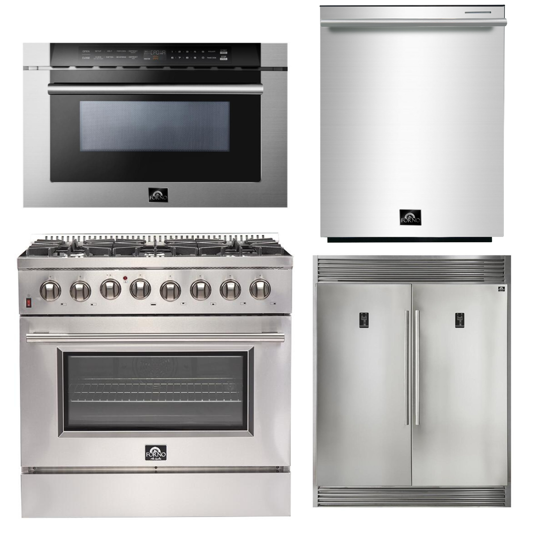 FORNO Appliance Package - 36 Inch Dual Fuel Range, 60 Inch Refrigerator, Microwave Drawer, Dishwasher, AP-FFSGS6156-36-7