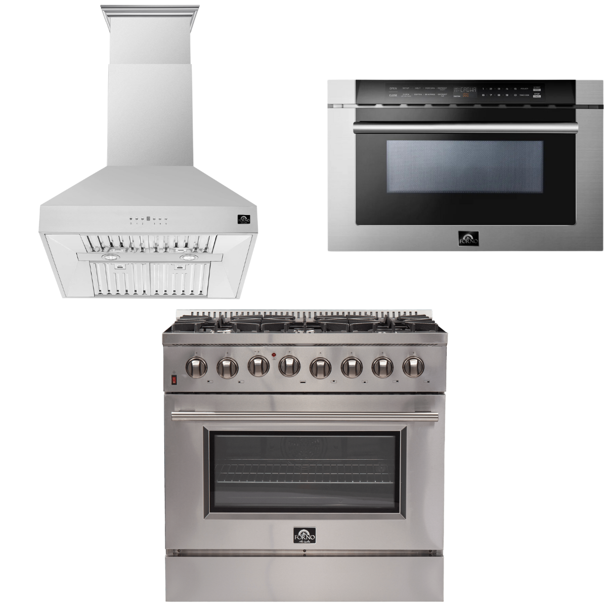 FORNO Appliance Package - 36 Inch Dual Fuel Range, Wall Mount Range Hood, Microwave Drawer, AP-FFSGS6156-36-W-3