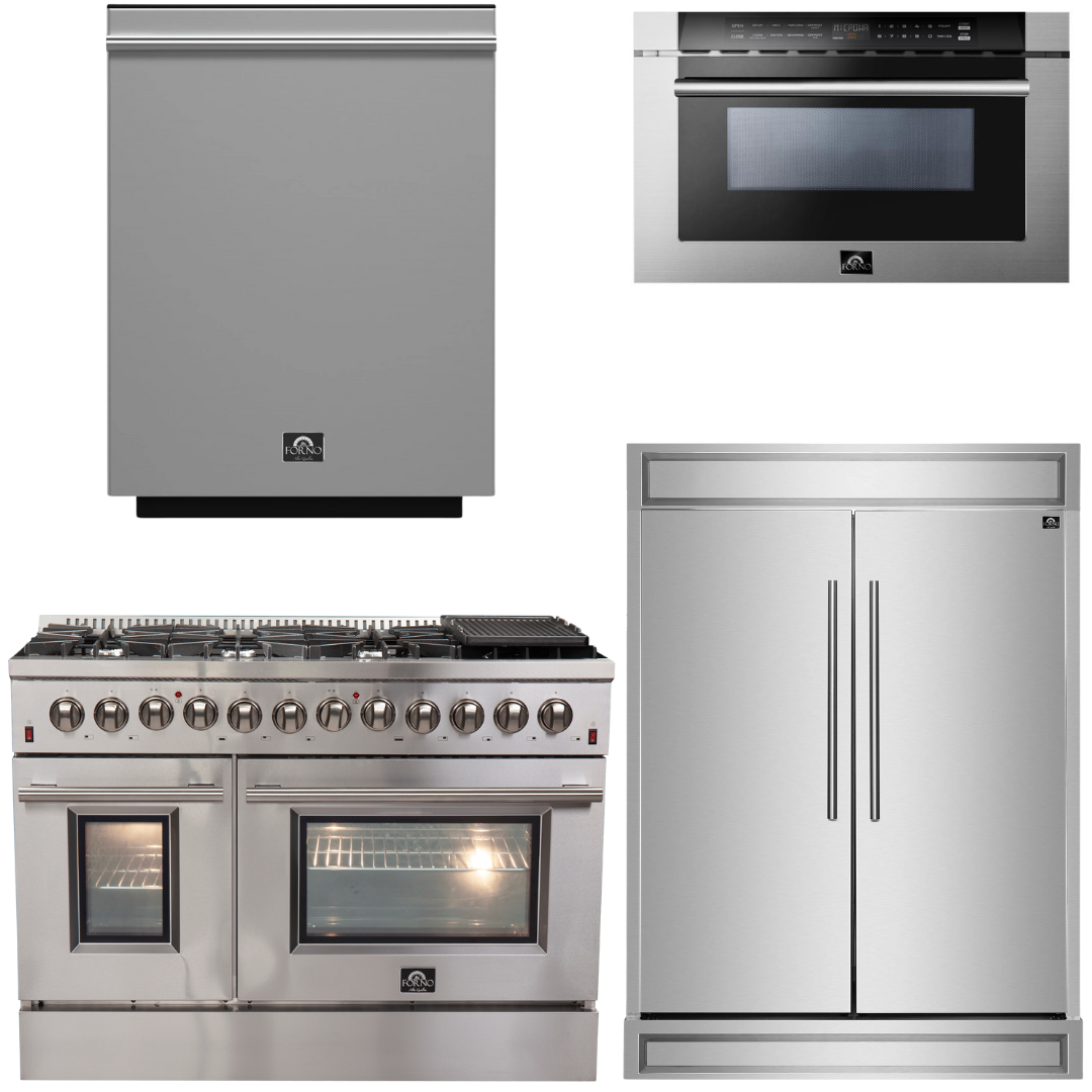 FORNO Appliance Package - 48" Dual Fuel Range, 60" Refrigerator, Microwave Drawer, Dishwasher, AP-FFSGS6156-48-4P