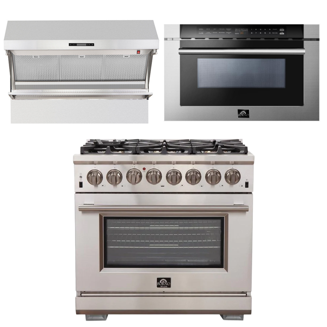 FORNO Appliance Package - 36 Inch Gas Burner/Electric Oven Pro Range, Wall Mount Range Hood, Microwave Drawer, AP-FFSGS6187-36-3