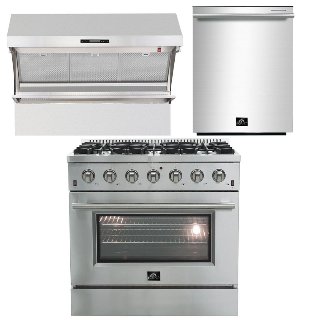 FORNO Appliance Package - 36 Inch Gas Range, Wall Mount Range Hood, Dishwasher, AP-FFSGS6244-36-2