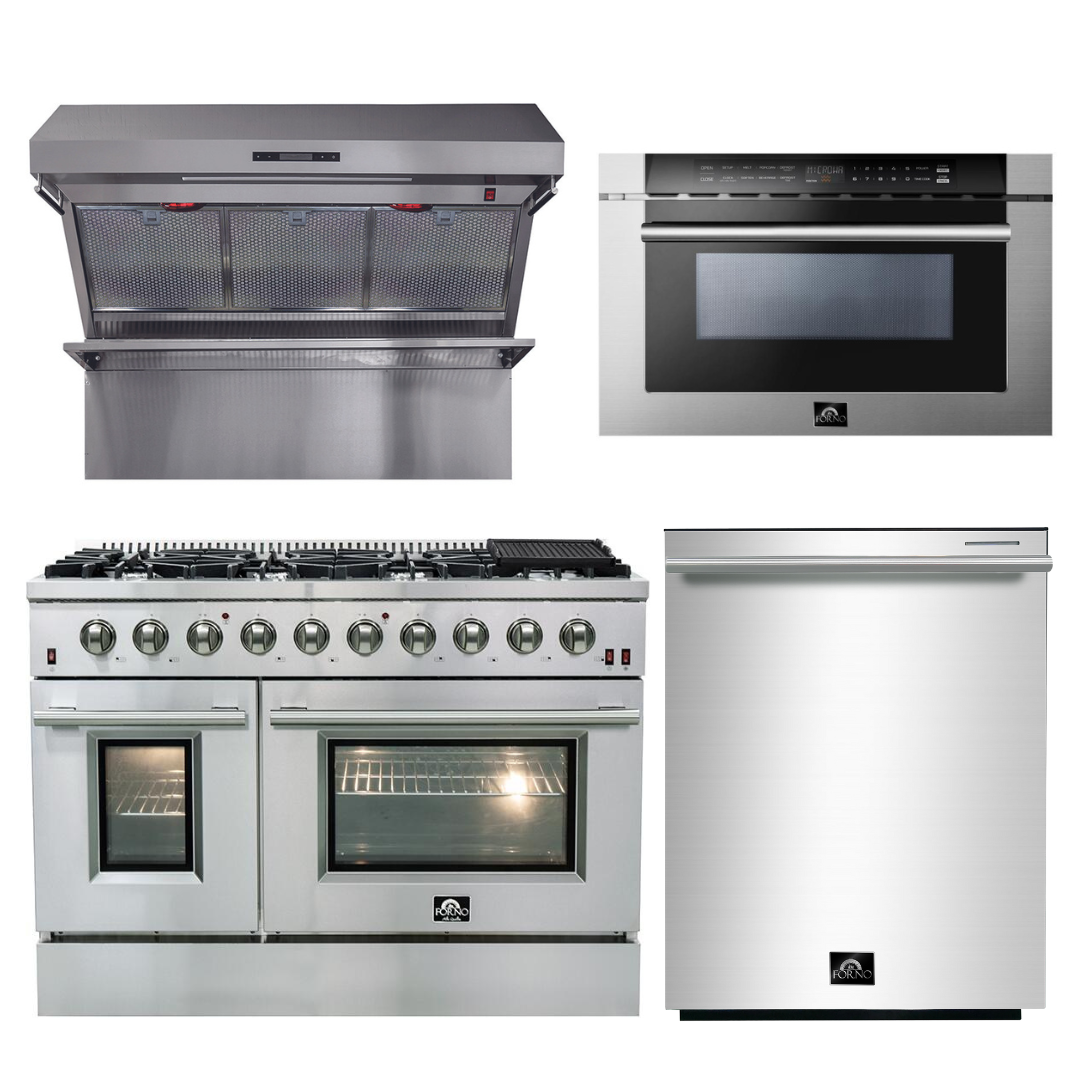 FORNO Appliance Package - 48 Inch Gas Range, Wall Mount Range Hood, Microwave Drawer, Dishwasher, AP-FFSGS6244-48-6