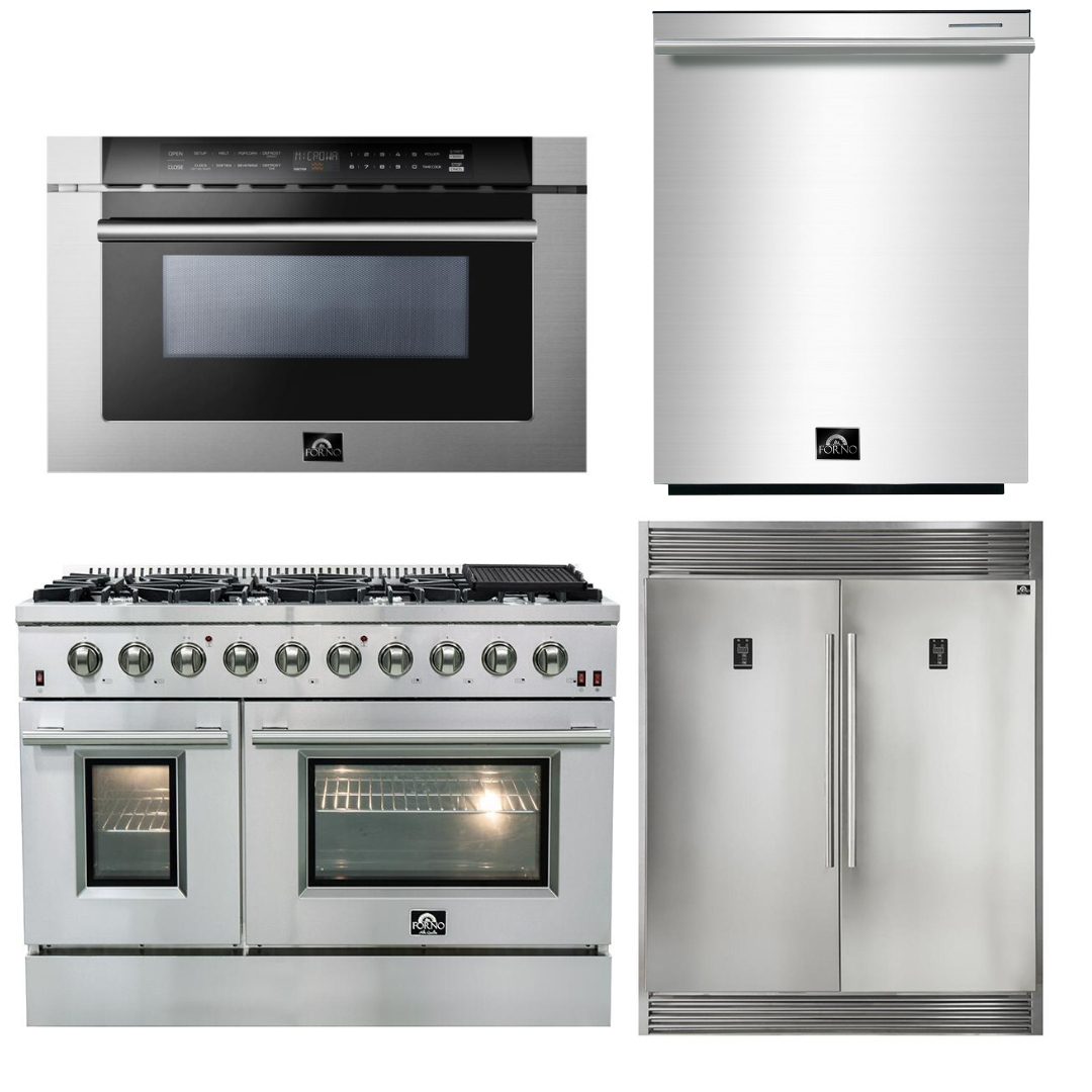 FORNO Appliance Package - 48 Inch Gas Range, 60 Inch Refrigerator, Microwave Drawer, Dishwasher, AP-FFSGS6244-48-7