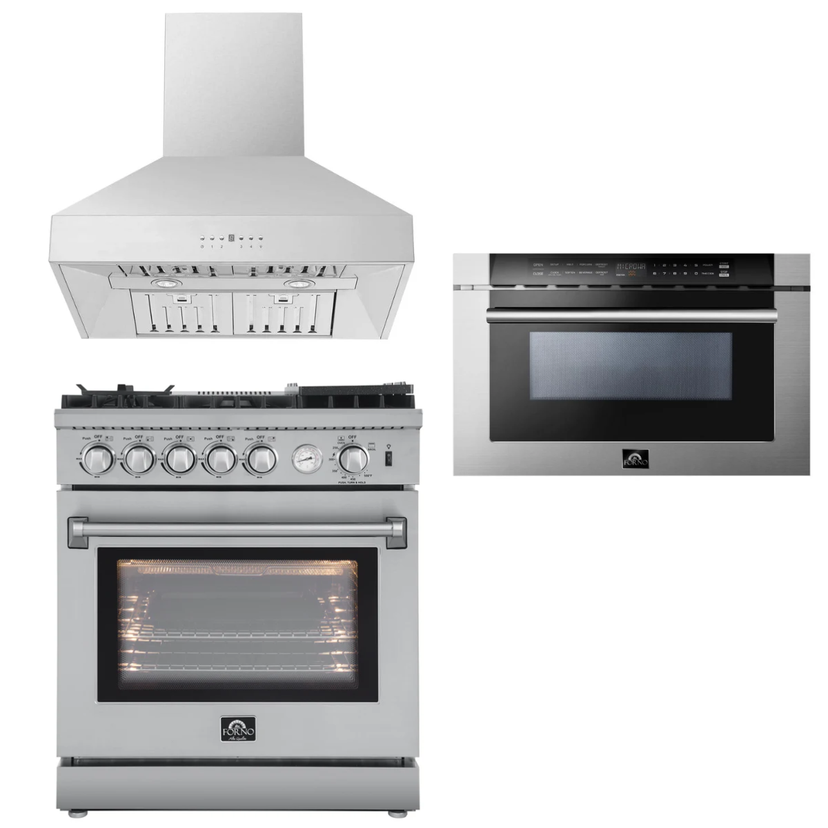 FORNO Appliance Package - 30" Gas Range, 30" Range Hood, Microwave Drawer, AP-FFSGS6276-30-W-3