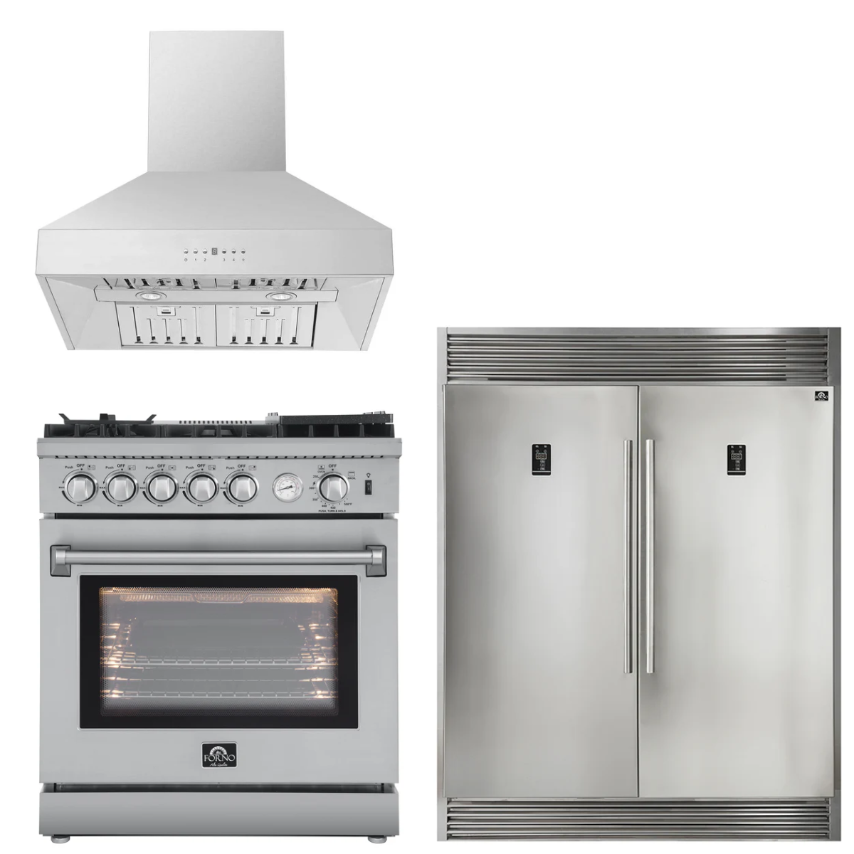 FORNO Appliance Package - 30" Gas Range, 30" Range Hood, 60" Refrigerator, AP-FFSGS6276-30-W-4
