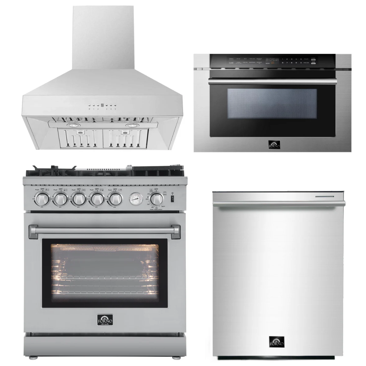 FORNO Appliance Package - 30" Gas Range, 30" Range Hood, Dishwasher, Microwave Drawer, AP-FFSGS6276-30-W-6