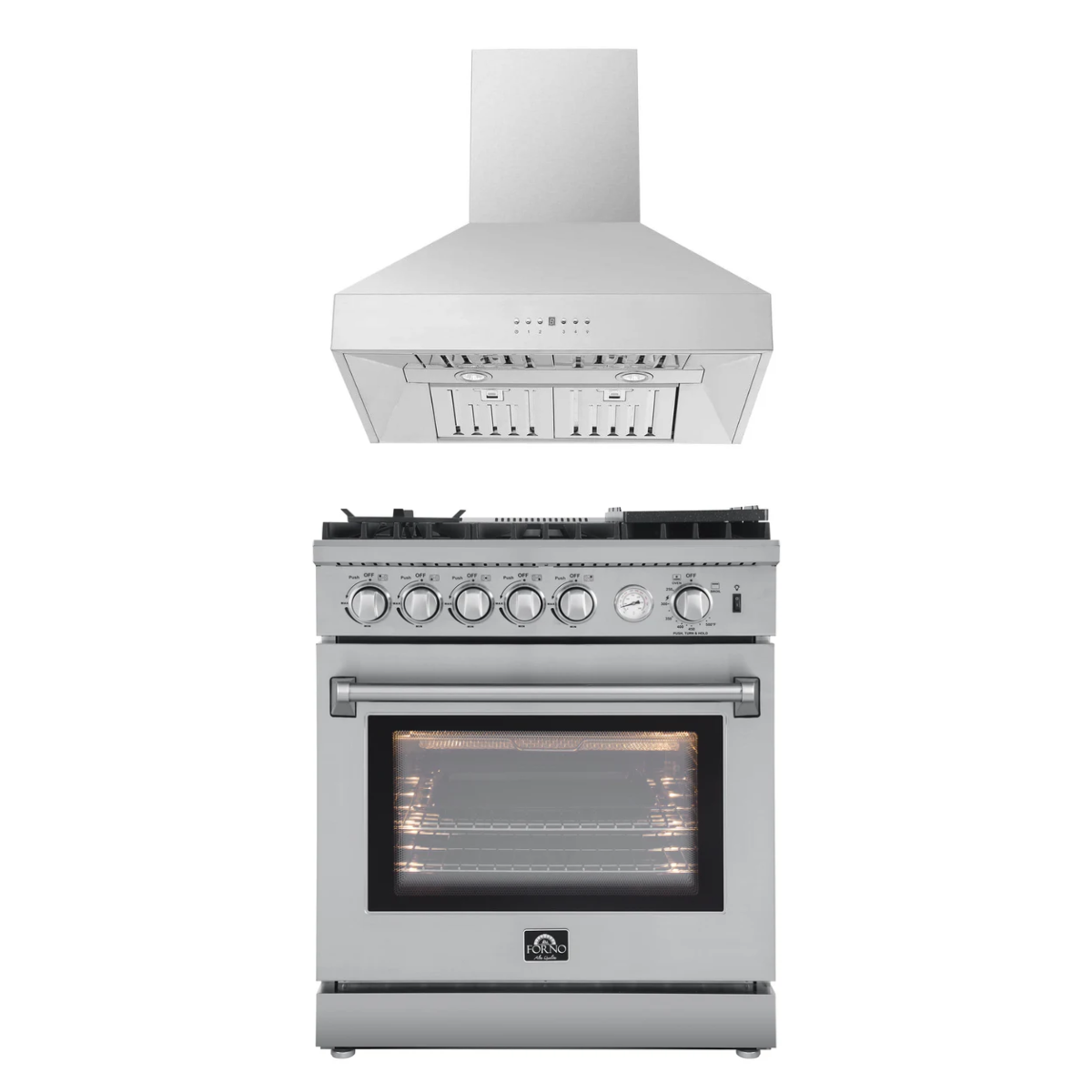 FORNO Appliance Package - 30" Gas Range, 30" Range Hood, AP-FFSGS6276-30-W