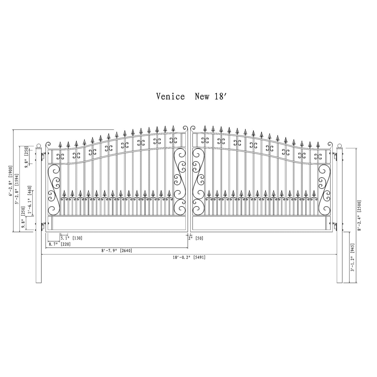 18'x6' Steel Dual Swing Driveway Gate, VENICE Style