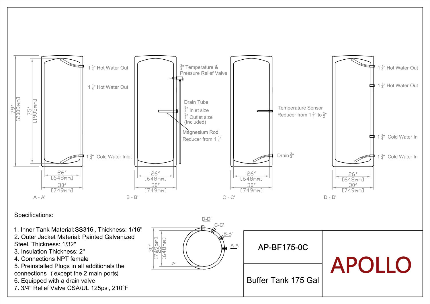 APOLLO Stainless Buffer Tank - 175/250gal