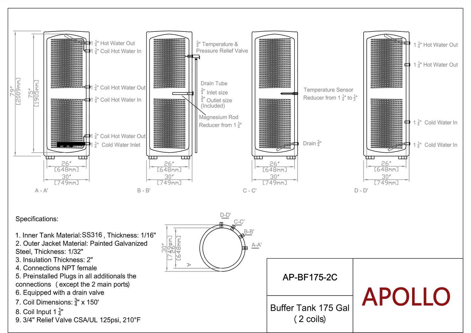 APOLLO Stainless Buffer Tank - 175/250gal