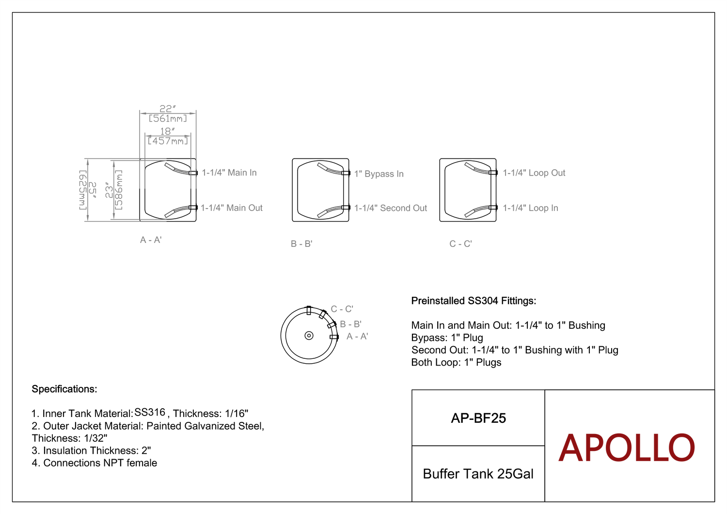 APOLLO BF25 - Stainless Buffer Tank - 25gal