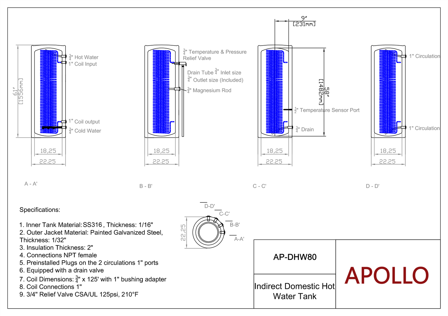 APOLLO DHW80 - Stainless Indirect Water Heater Tank - 80gal