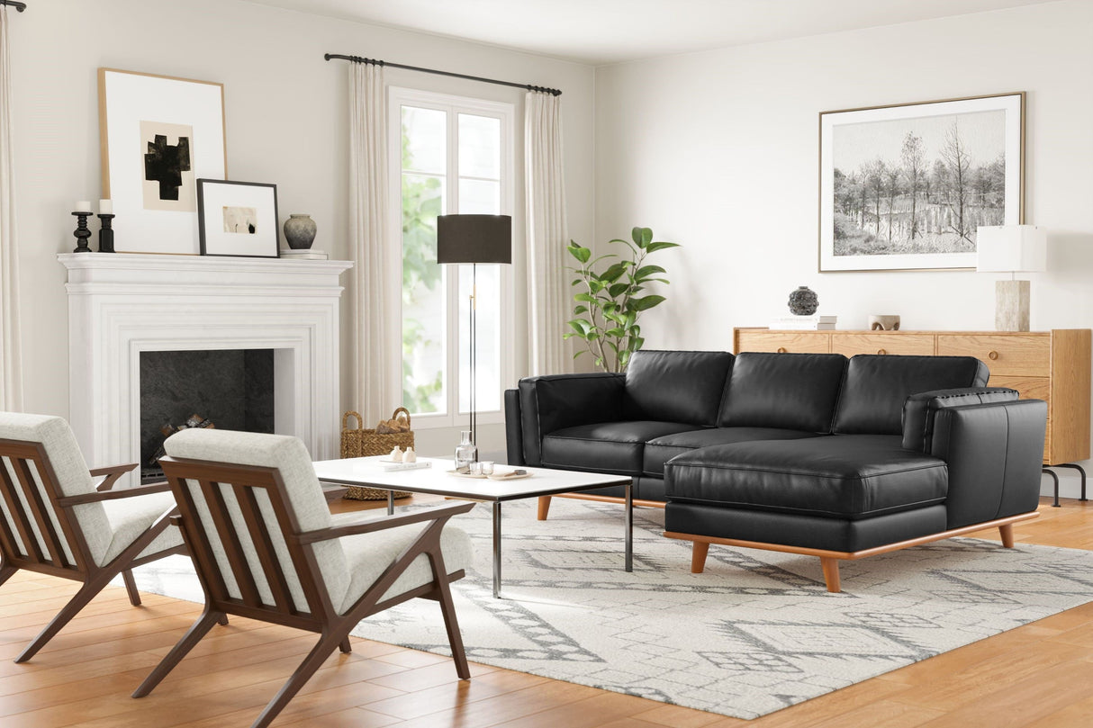 Valencia Artisan Top Grain Leather Three Seats with Right Chaise Sofa, Black