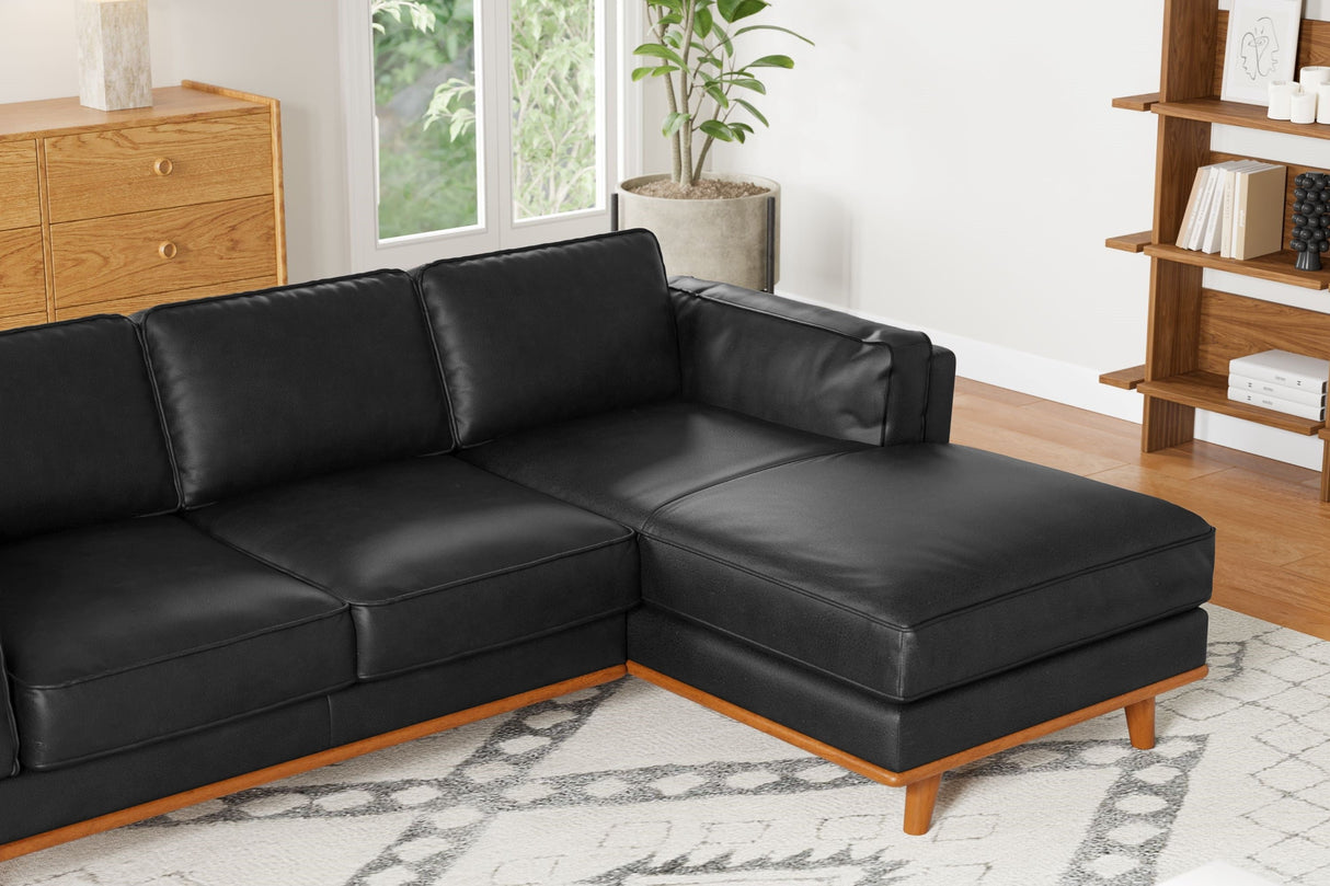 Valencia Artisan Top Grain Leather Three Seats with Right Chaise Sofa, Black