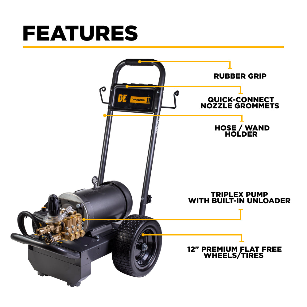 BE Power 2,000 PSI 3.5 GPM 5.0 HP Electric Pressure Washer with Baldor Motor and AR Triplex Pump - B205E34A