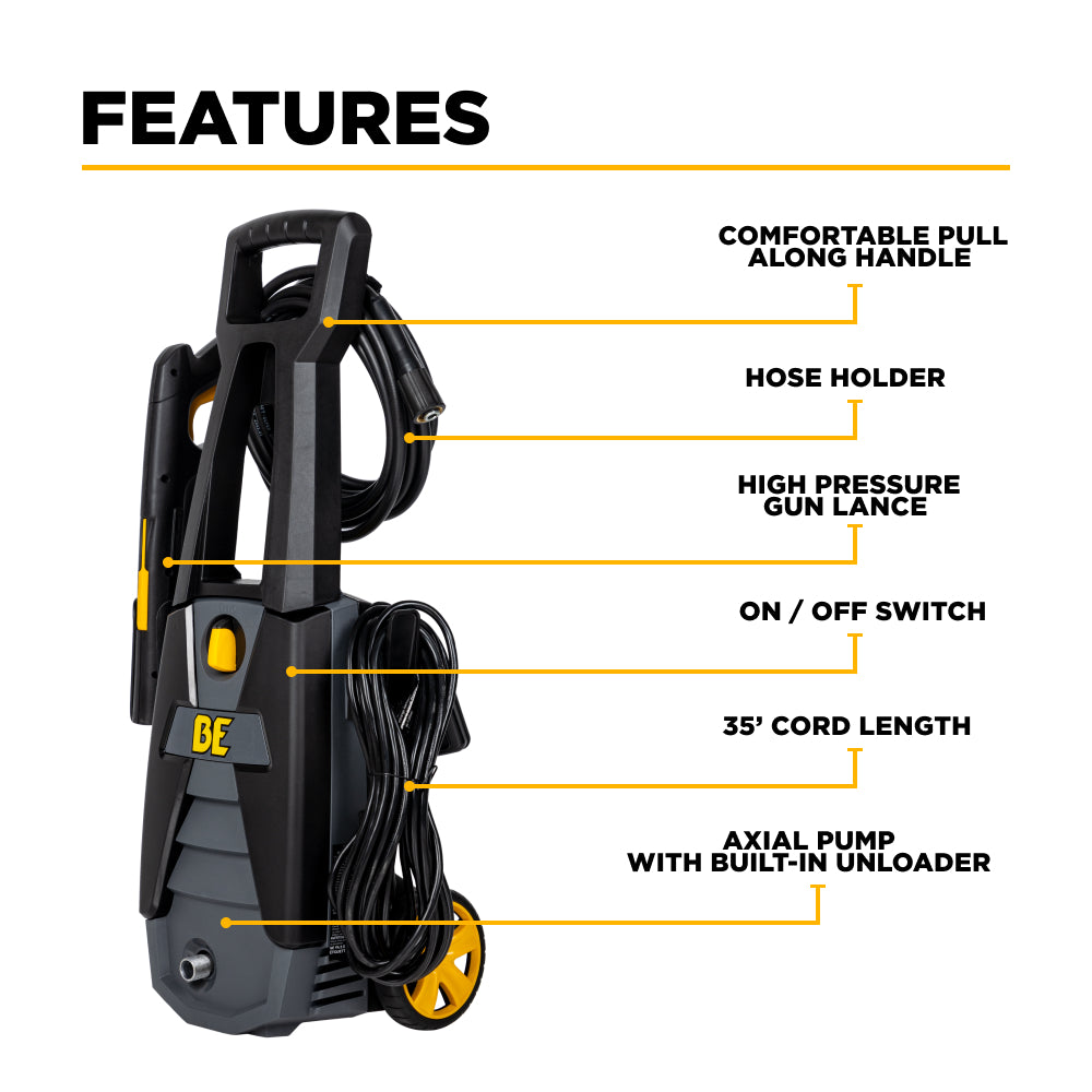 BE Power 1,700 PSI 1.7 GPM Electric Power Washer with Powerease Motor and AR Axial Pump - P1715EN