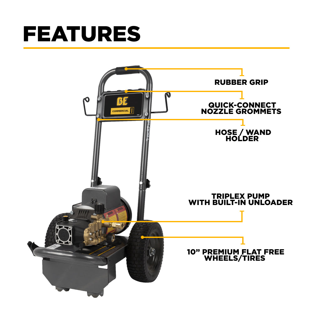 BE Power 1,500 PSI 2.0 GPM Electric Pressure Washer with Baldor Motor and AR Triplex Pump - PE-1520EW1A