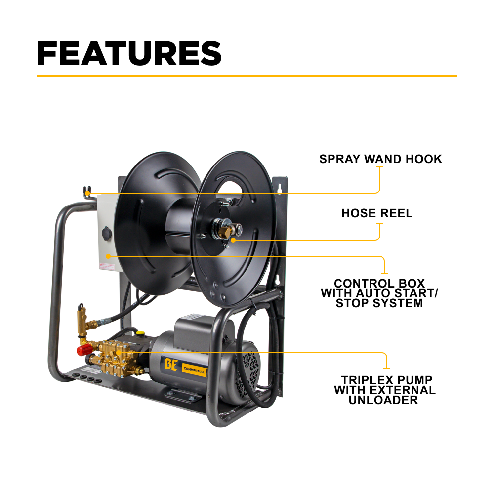 BE Power 1,500 PSI 2.0 GPM 2.0 HP Wall Mount Electric Pressure Washer with a Baldor Motor and General Triplex Pump - X-1520FW1GENH