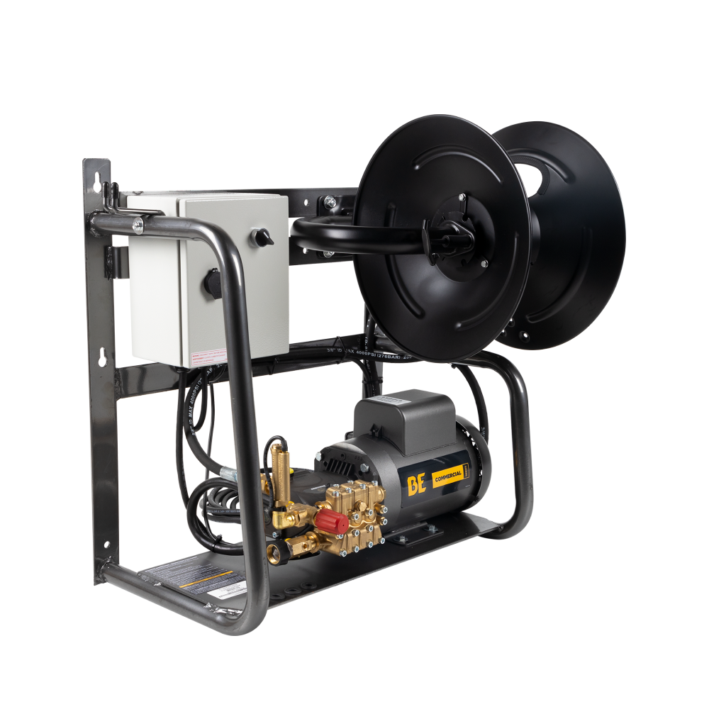 BE Power 1,500 PSI 2.0 GPM 2.0 HP Wall Mount Electric Pressure Washer with a Baldor Motor and General Triplex Pump - X-1520FW1GENH