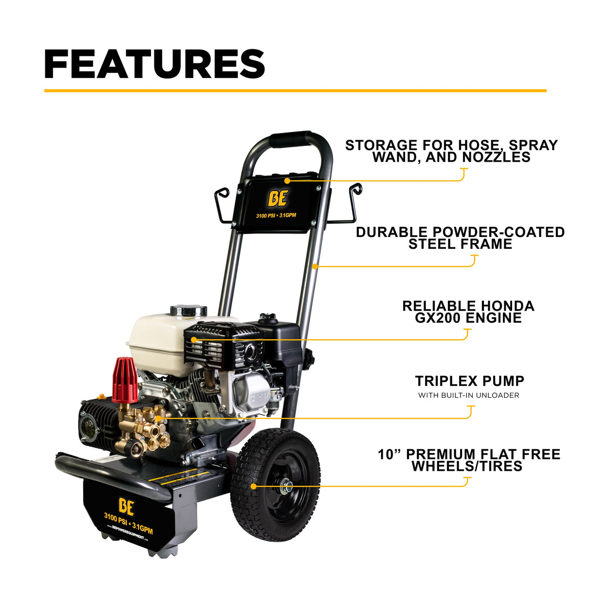 BE Power 3,100 PSI 3.1 GPM Cold Water Gas Pressure Washer - B3165HC