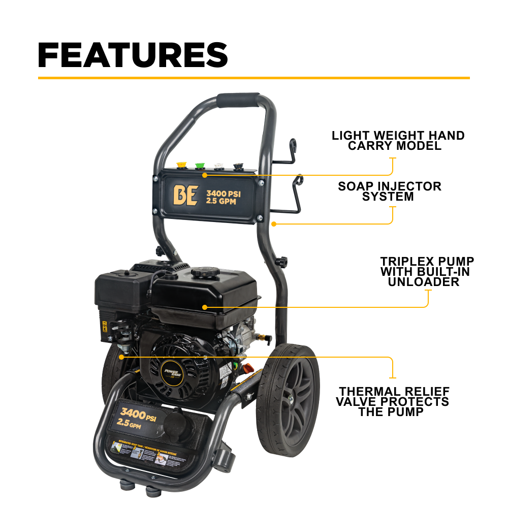 BE Power 3,400 PSI 2.5 GPM Cold Water Gas Pressure Washer - BE3475PX