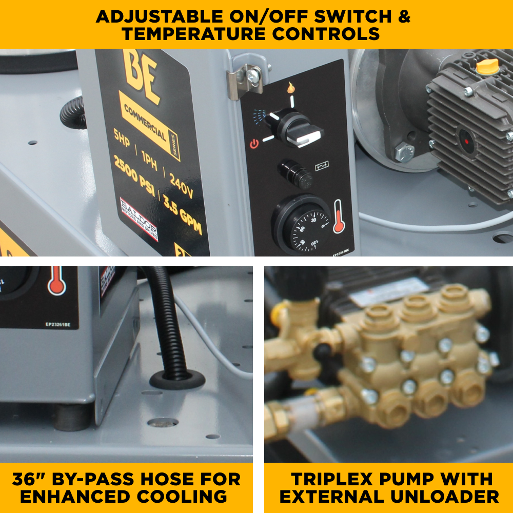 BE Power 2,500 PSI 3.5 GPM 5.0 HP Hot Water Pressure Washer with Baldor Motor and AR Triplex Pump - HW255E3CNG