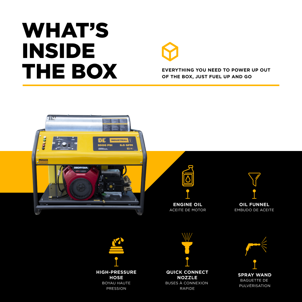 BE Power 3,000PSI 8.0GPM Hot Water Pressure Washer with Honda GX690 Engine and General Triplex Pump - HW3024HG12V