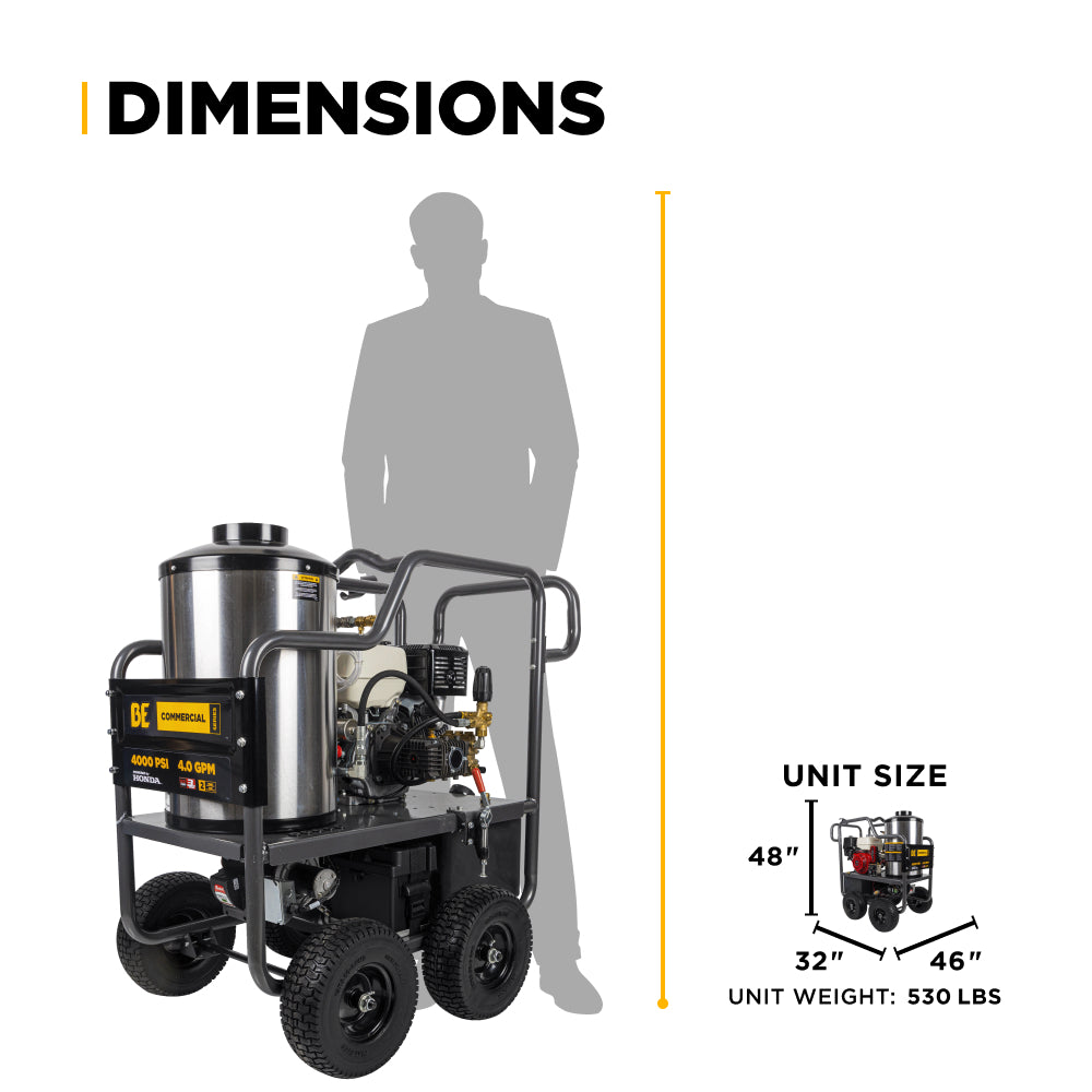 BE Power 4,000 PSI - 4.0 GPM Hot Water Pressure Washer with Honda GX390 Engine and Comet Triplex Pump - HW4013HC