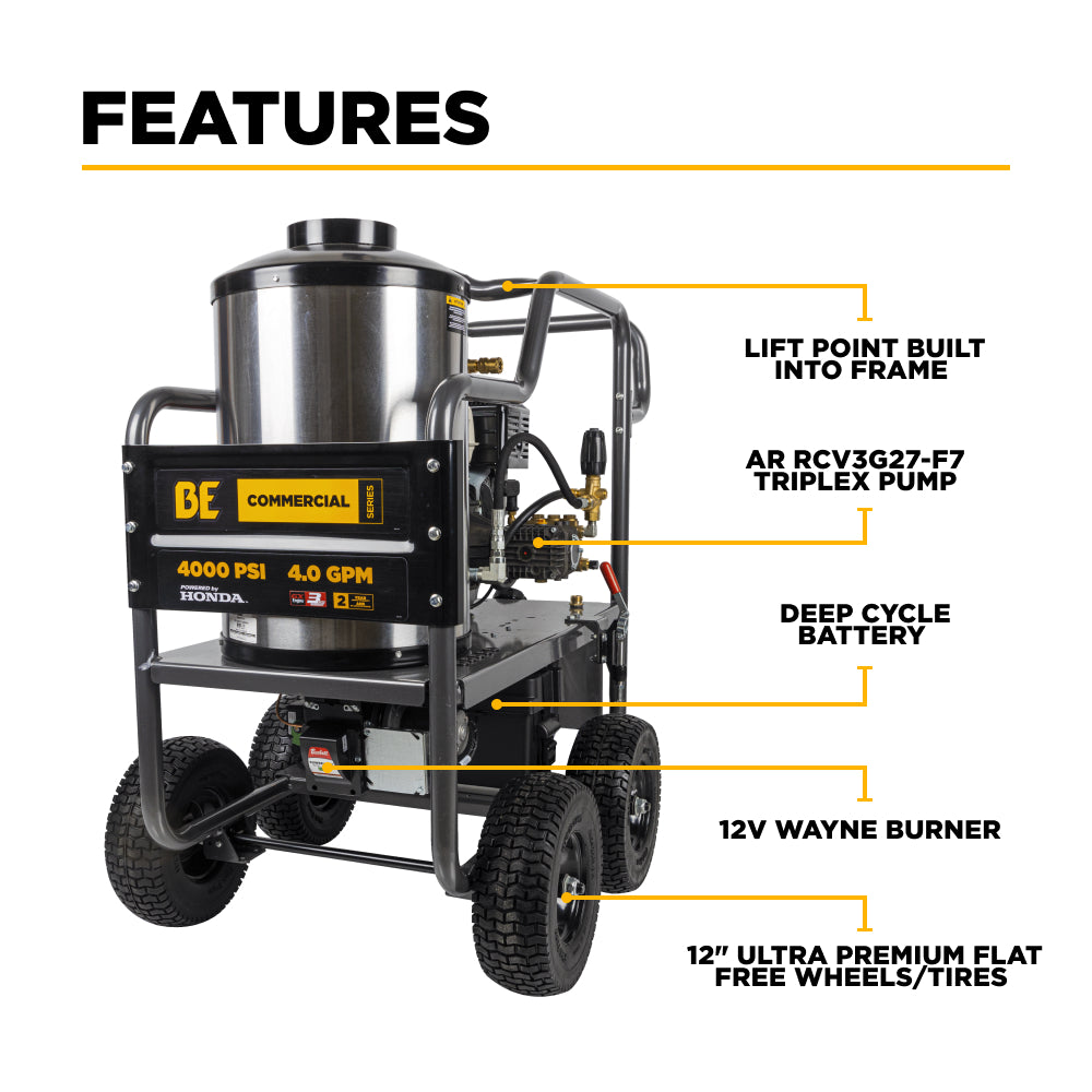 BE Power 4,000 PSI - 4.0 GPM Hot Water Pressure Washer with Honda GX390 Engine and Comet Triplex Pump - HW4013HC