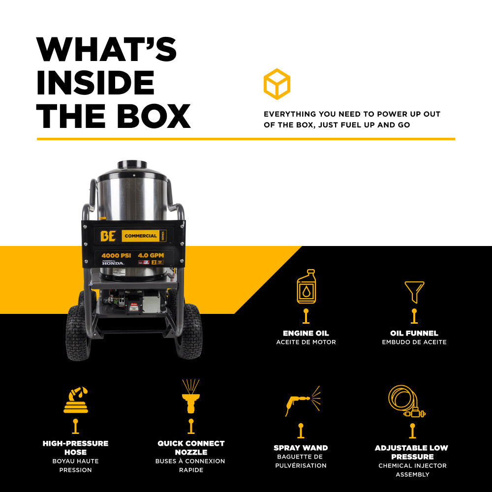 BE Power 4,000 PSI - 4.0 GPM Hot Water Pressure Washer with Honda GX390 Engine and Comet Triplex Pump - HW4013HC