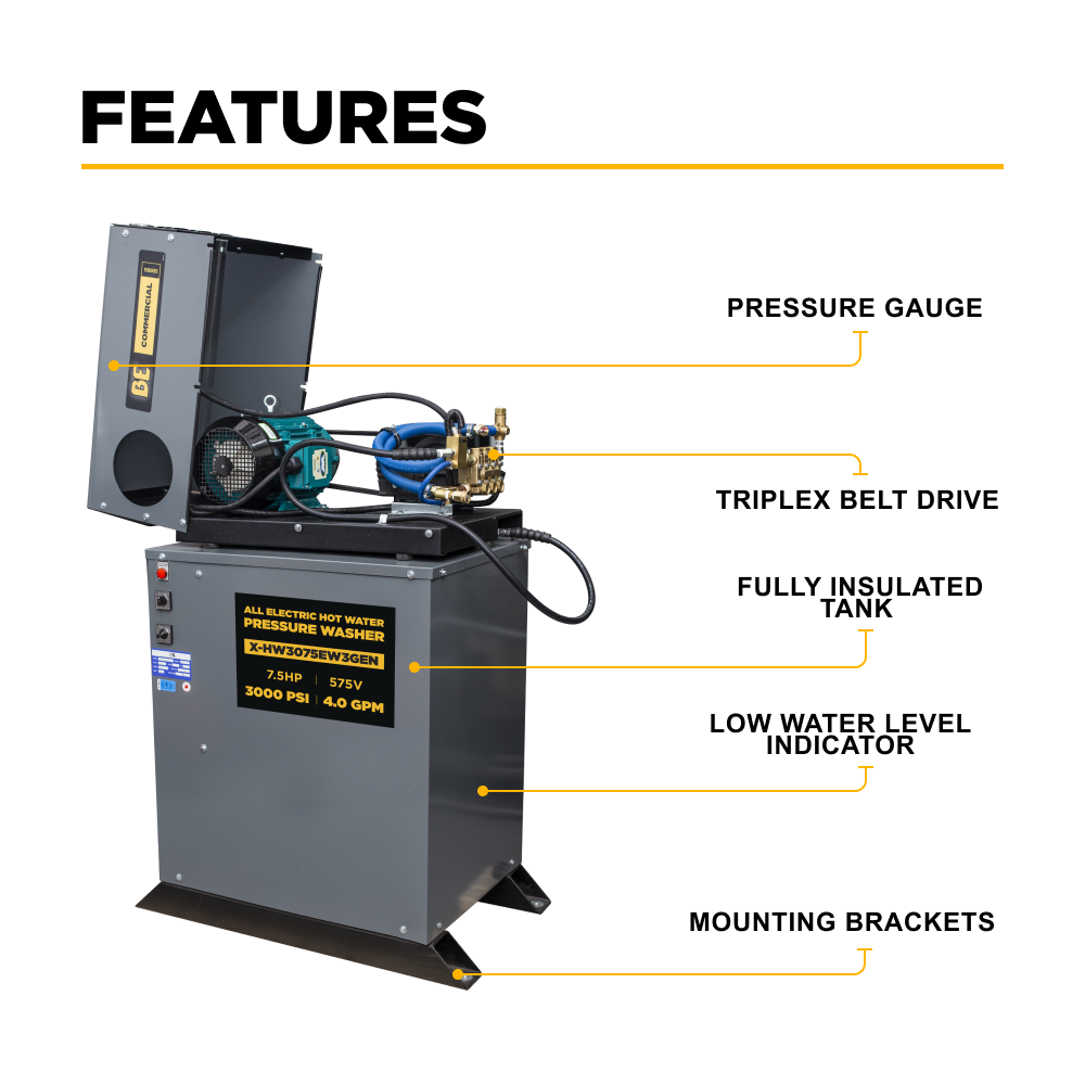 BE Power 3,000 PSI 4.0 GPM 7.5 HP Hot Water Pressure Washer with 7.5HP Motor and General Triplex Pump - X-HW3075EW3GEN