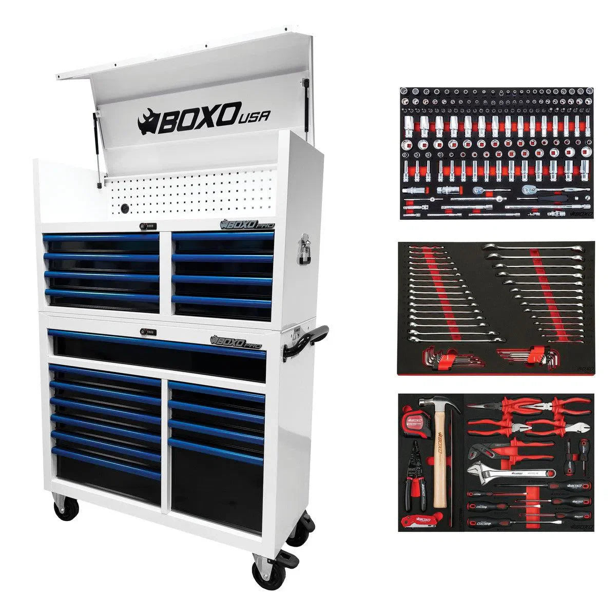 Pro Series | Loaded 45" 19-Drawer Rolling Tool Box | White and Blue