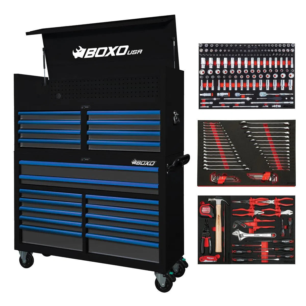 Pro Series | Loaded 53" 20-Drawer Rolling Tool Box | Black and Blue