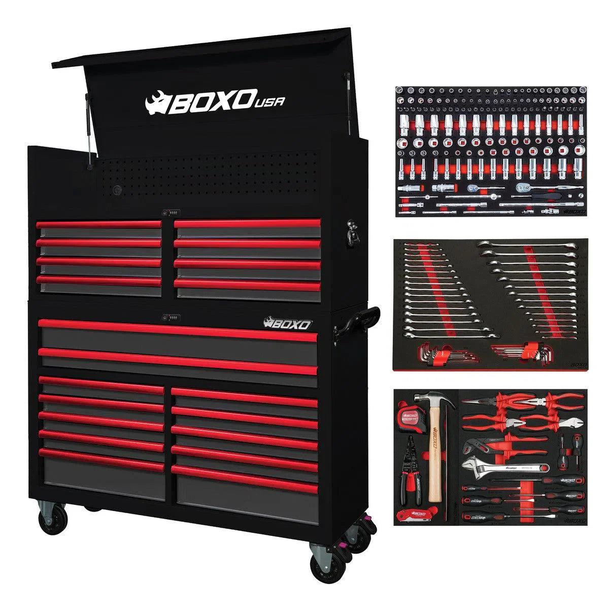Pro Series | Loaded 53" 20-Drawer Rolling Tool Box | Black and Red