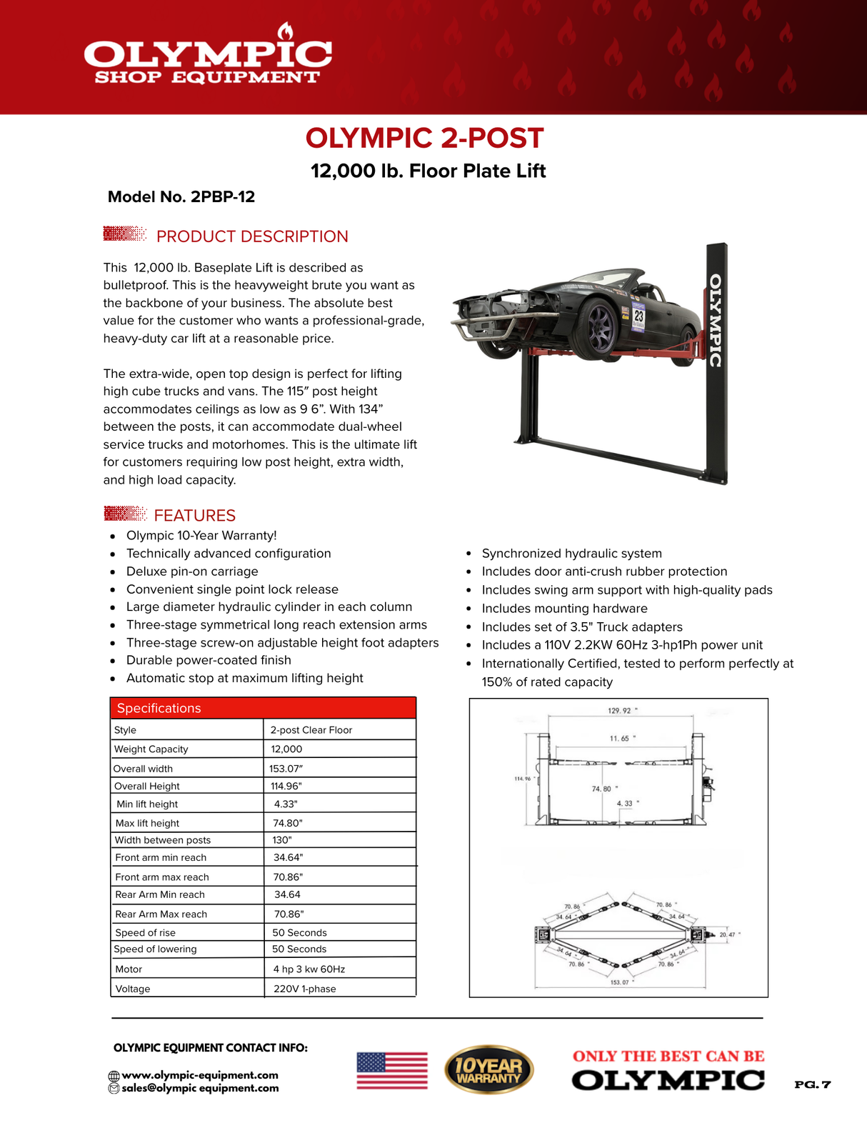 Olympic 2PBP-12 12,000‐lb. HDXL Base Plate Two Post Lift