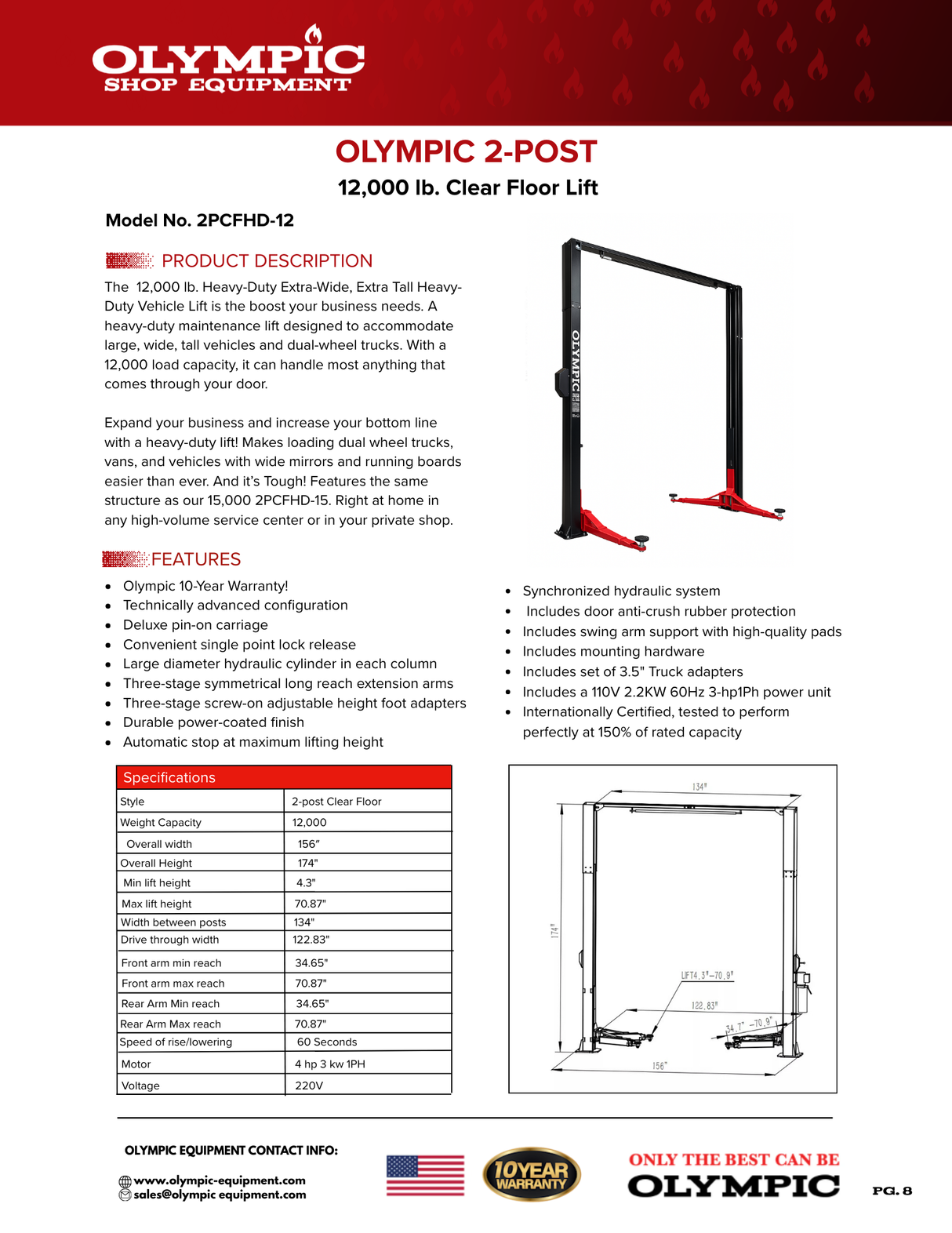 Olympic 2PCFHD-12 12,000‐lb. HDXL Symmetric Clear Floor Two Post Lift
