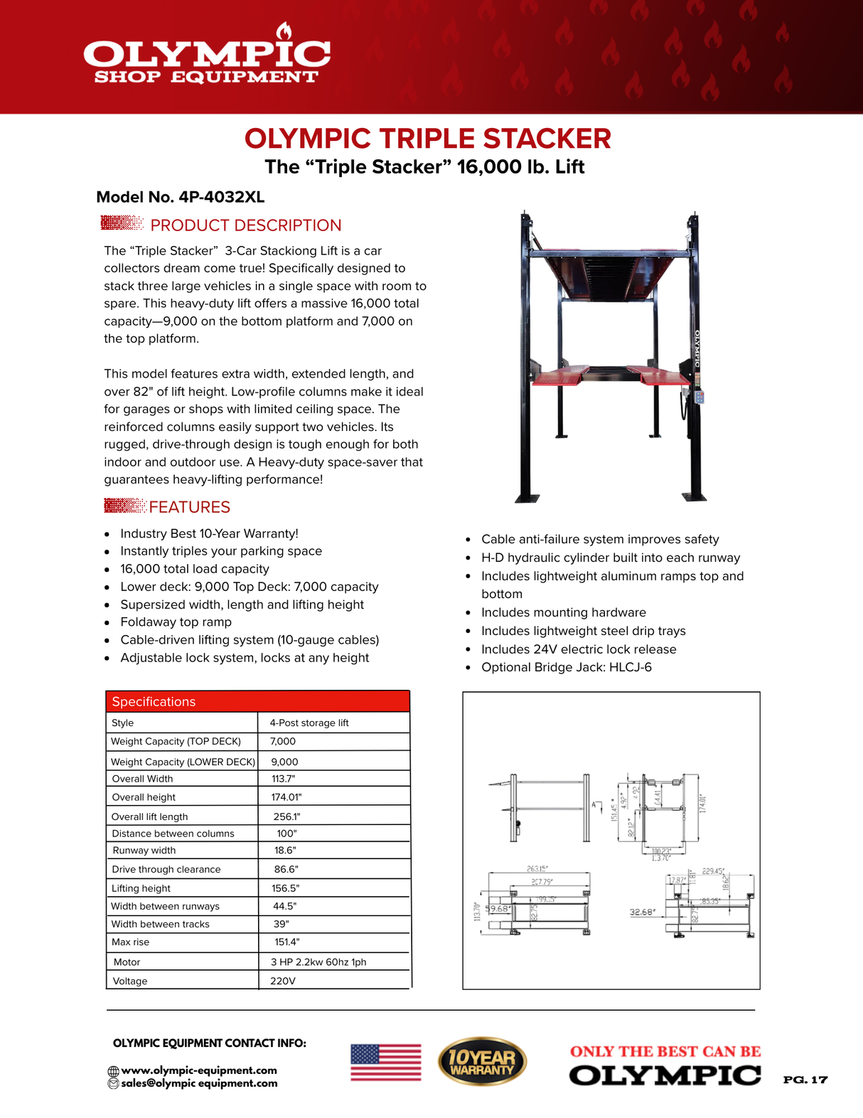 Olympic 4P-4032XL Three Level 3-Car Stacking Four Post Lift