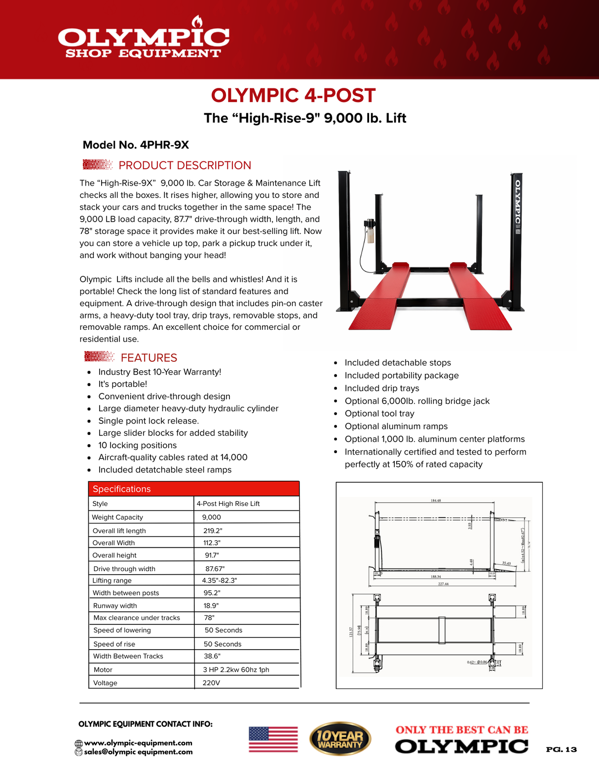 Olympic 4PHR-9X 9,000 lb. XLT High-Rise Car Storage Four Post Lift