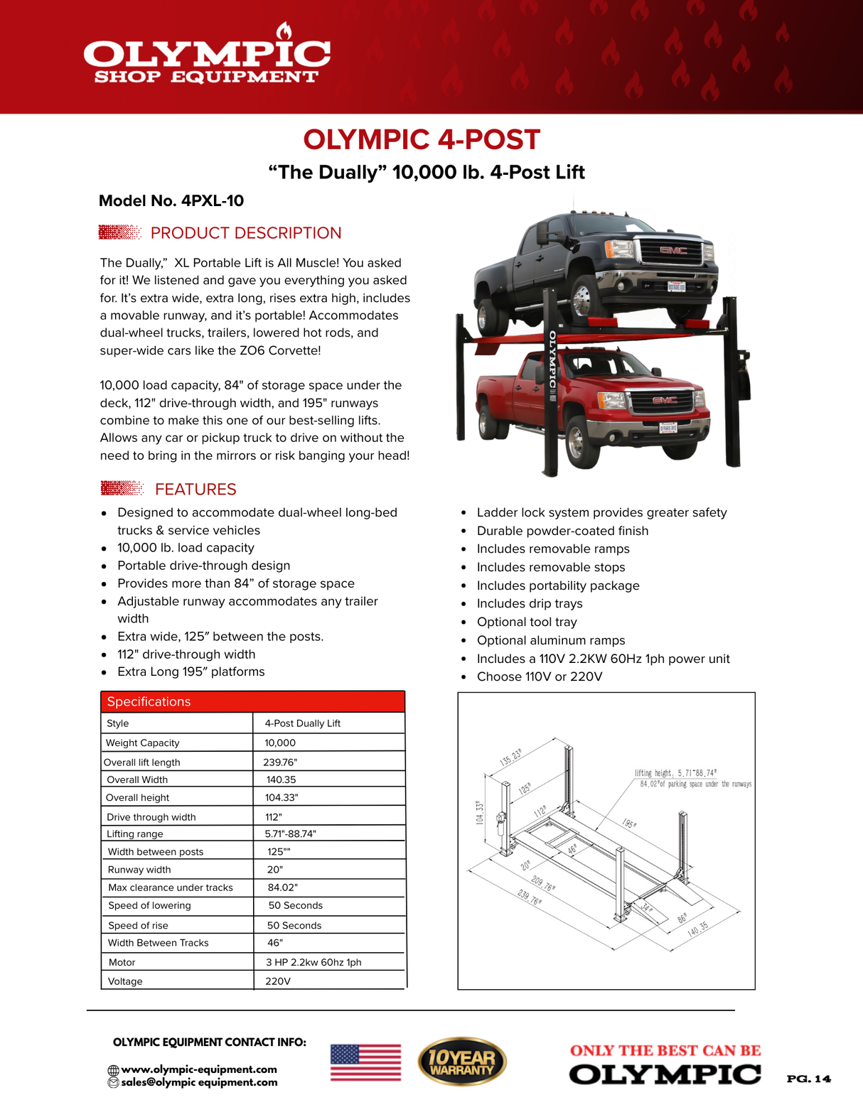 Olympic 4PXL-10 “The Dually” Portable 10,000 lb. Maintenance & Storage Four Post Lift