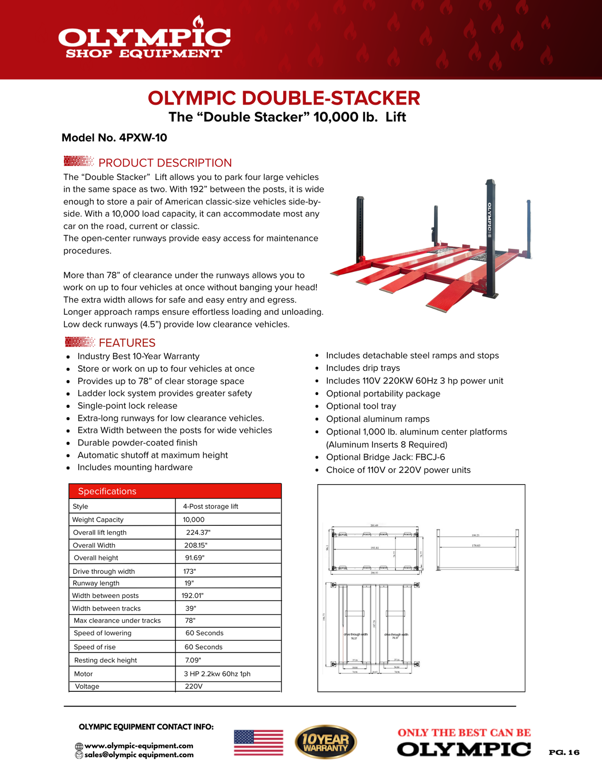 Olympic 4PXW-10 10,000-lb. Capacity Two Car Four Post Lift