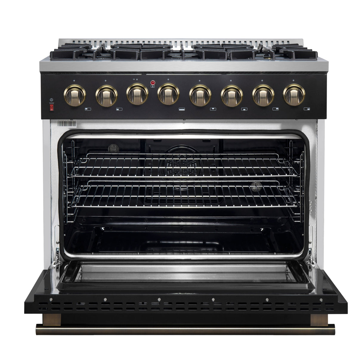 FORNO Galiano 36" 5.36 cu. ft. Dual Fuel Range with 6 Sealed Burners in Black with Antique Brass Accents, FFSGS6156-36BLK