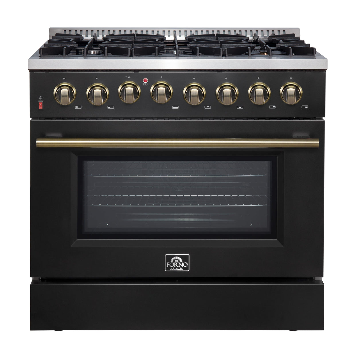 FORNO Galiano 36" 5.36 cu. ft. Dual Fuel Range with 6 Sealed Burners in Black with Antique Brass Accents, FFSGS6156-36BLK