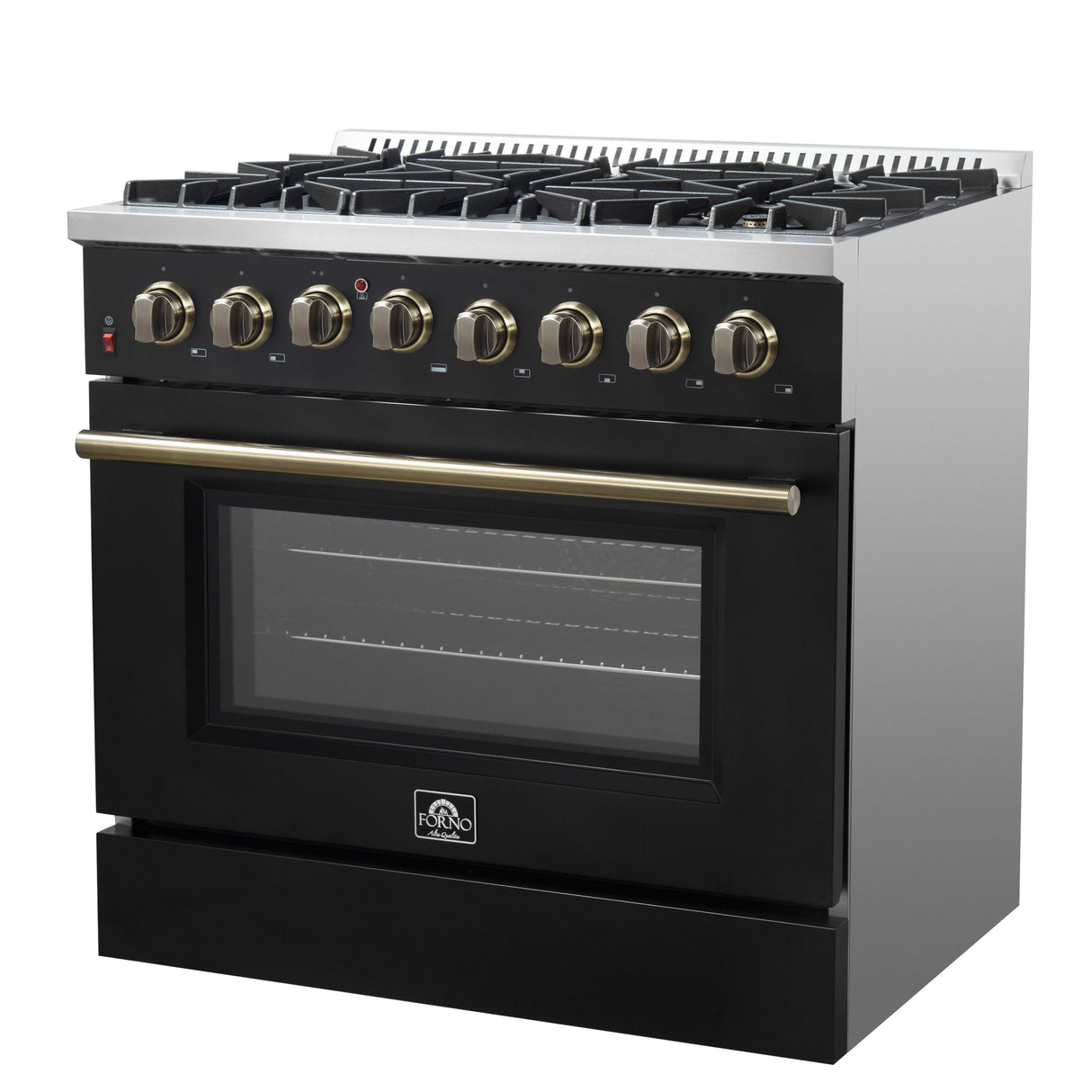 FORNO Galiano 36" 5.36 cu. ft. Dual Fuel Range with 6 Sealed Burners in Black with Antique Brass Accents, FFSGS6156-36BLK