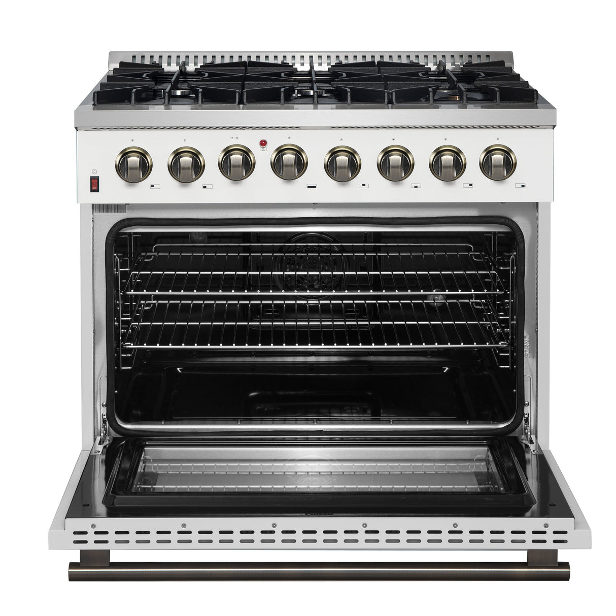 FORNO Galiano 36" 5.36 cu. ft. Dual Fuel Range with 6 Sealed Burners in White with Antique Brass Accents, FFSGS6156-36WHT