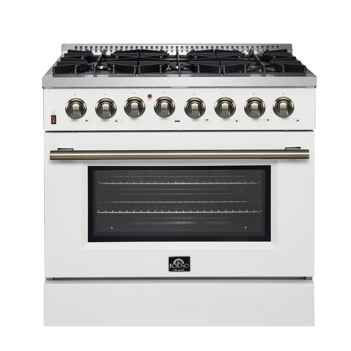 FORNO Galiano 36" 5.36 cu. ft. Dual Fuel Range with 6 Sealed Burners in White with Antique Brass Accents, FFSGS6156-36WHT