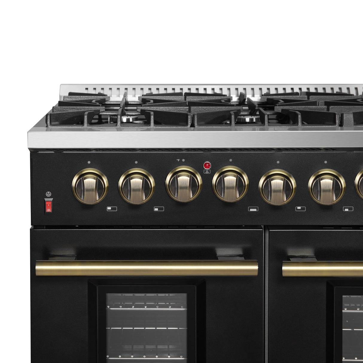 FORNO Galiano 48" 6.58 cu. ft. Dual Fuel Range with 8 Sealed Burners and Griddle in Black with Antique Brass Accents, FFSGS6156-48BLK